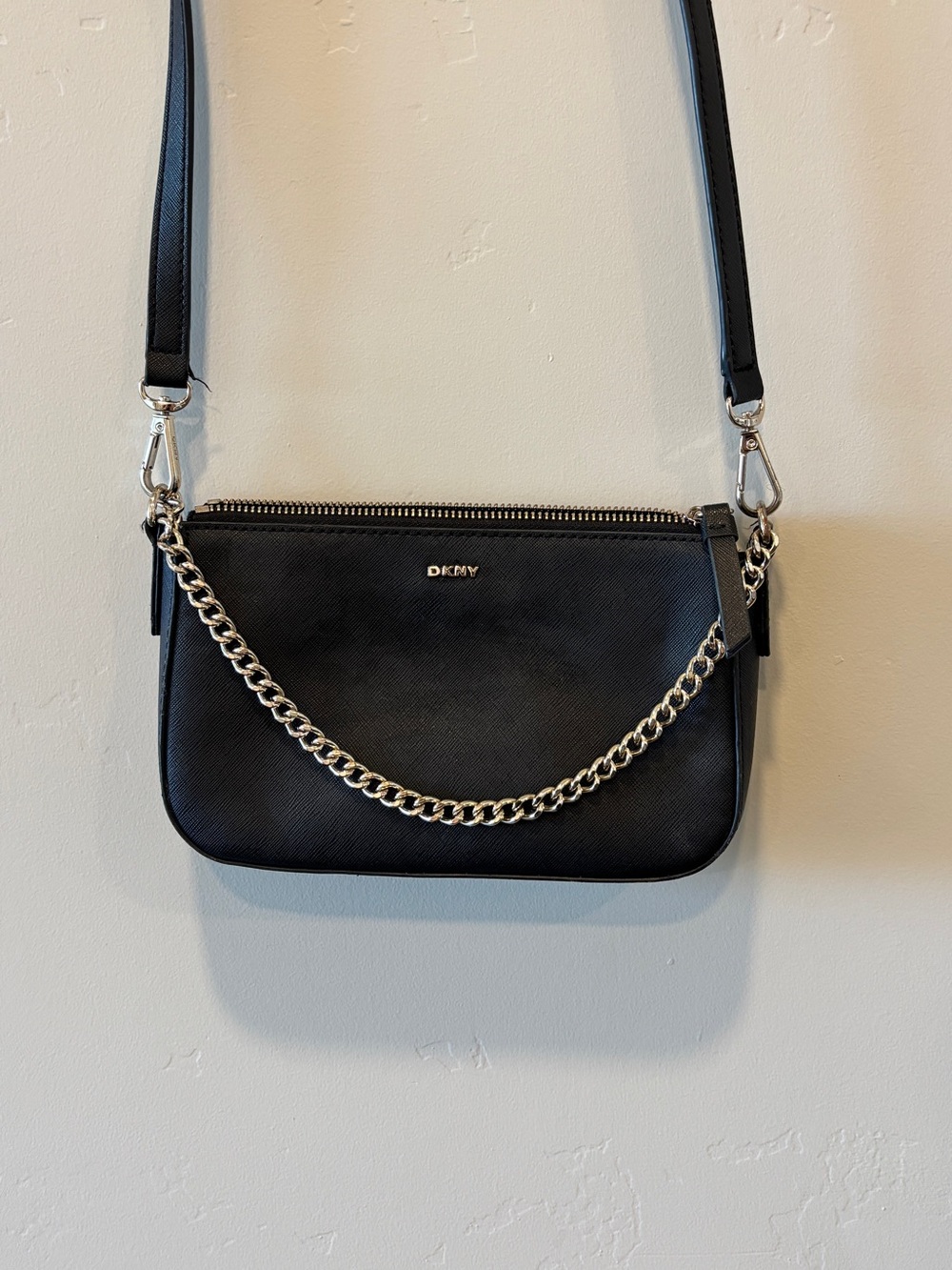 DKNY Black Leather Crossbody with GOLD Chain Detail